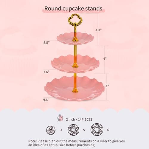 Pack of 11 NWK Cake Stand Set, with 3 x Two-Tier and 3 x Three-Tier Cupcake Stands, 4 x Appetizer Trays, 1 x Tablecloth for Birthday Bridal Baby Shower Party (Pink) - Thumbnail 3