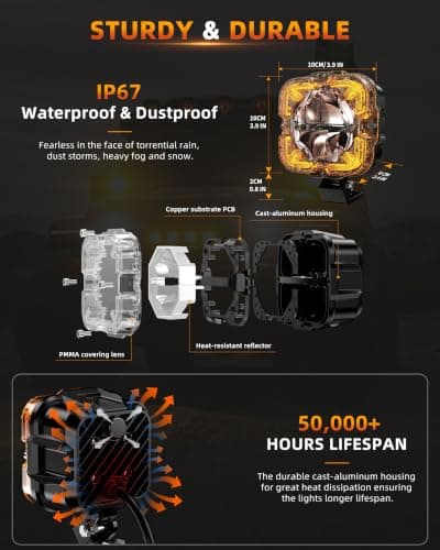 STROLITE 4 Inch LED Pods Off Road Lights, 90W 12000LM Amber Fog Lights with X DRL & Wiring Harness, IP67 Waterproof Spot Flood Combo for Trucks SUV ATV UTV - 2PCS - Thumbnail 4