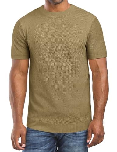 Men's Textured Knit T Shirt Short Sleeve Crew Neck Solid Color Casual Fitted Summer Pullover Top Fashion Basic Tee Light Coffee - Image 1