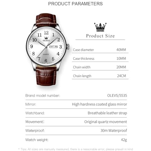 OLEVS Brown Leather Watches for Men Analog Mens Leather Watch Day Date Mens Watches Leather Band Simple Men White Face Wristwatch Waterproof Watch Reloj para Hombre Classic Fashion Brown Watch Man - Thumbnail 5