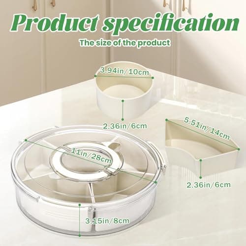 Snackle Box Container Divided Serving Tray with Lid, 6-Compartment Portable Spinning Round Stackable Container, Handle for Organize Veggies, Fruit, Candy, Party Snacks, Nuts, Kitchen Party Essentials - Thumbnail 5