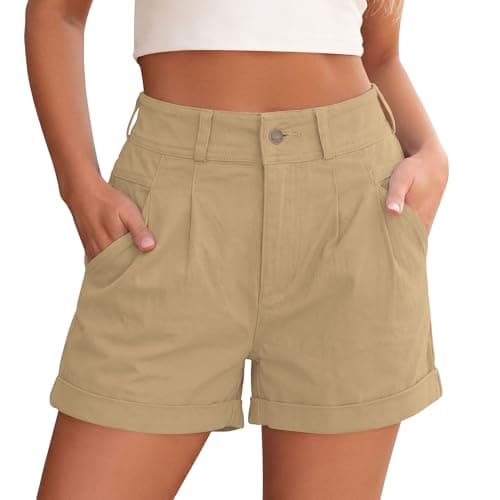 PRETTYGARDEN High Waisted Shorts Women 2026 Summer Business Casual Trousers Pleated Tailored Cuffed Bottoms with Pockets(Khaki,XX-Large) - Image 1