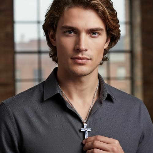 BAMIKI Cross Necklace for Men, Created Sapphire Blue Cubic Zirconia Pendant with 316L Stainless Steel, September Birthstone Necklace Faith Jewelry Gifts, Box Chain 24 Inch - Thumbnail 4