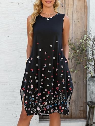 ANRABESS Womens Summer Casual Beach Cover Up Dress Sleeveless Asymmetric Hem Flowy Vacation Cruise Short Sundress Black Floral Medium - Thumbnail 4