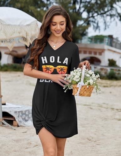AI'MAGE Swimsuit Cover Ups for Women Short Sleeve Bathing Suit Coverup Casual Bikini Swimwear Beach Cover Up Dress(Black Sunglasses, Small) - Thumbnail 2