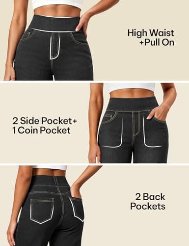 AVAMO Stretchy Jeans Wide Leg Jeans for Women Trendy Pull On High Waist Tummy Control Sweatpant Jean Denim Pants with Pockets Black - Thumbnail 3