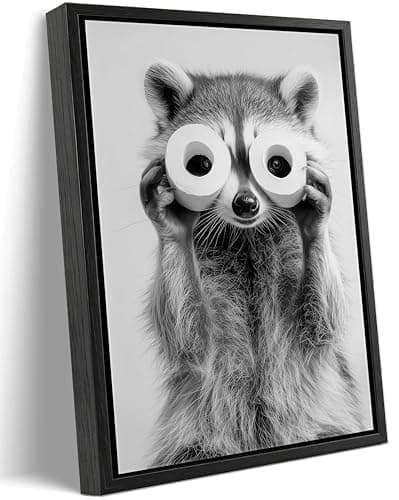 Framed Adorable Raccoon Bathroom Canvas Wall Art Toilet Paper Raccoon Wall Decor Pictures Funny Black and White Bathroom Animal Posters Prints for Restroom Home Decoration 12x16in - Image 1