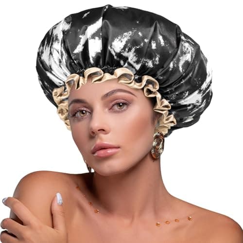 mikimini Large Shower Cap for Women Men Reusable Waterproof, Double Layer Adjustable Hair Cap with Elastic Band for Long Hair & Braids - Classic Elegant Black and White Design - Image 1