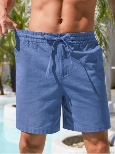 RQP Mens Cotton Linen Shorts Casual Drawstring 7inch Inseam Shorts Stretch Summer Beach Wear,Blue - Thumbnail 5