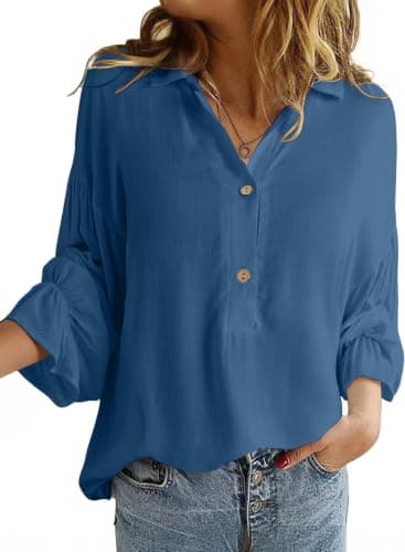 Astylish Women's Dressy Casual Blouses Business Work Linen Spring Summer Tops Plus Size Clothes Beach Fashion Long Puff Sleeve V Neck Button-Down Loose Oversized Shirts Dirty Blue X-Large - Image 1