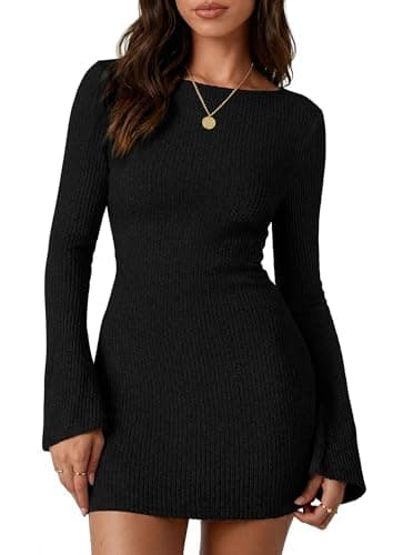 PRETTYGARDEN Womens Fall Bell Long Sleeve Mini Dress 2026 Casual Boat Neck Ribbed Bodycon Short Party Cocktail Dresses (Black,X-Large) - Image 1
