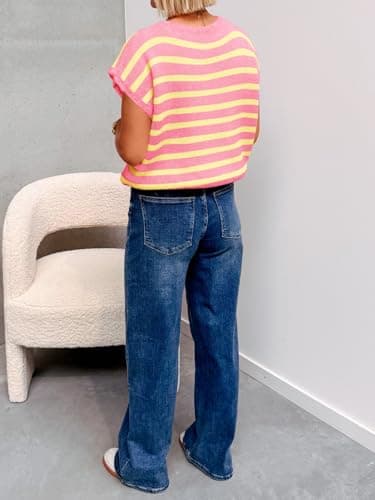 Cicy Bell Womens Striped Cap Sleeve Sweater Vest Crew Neck Button Down Cardigan Cute Knit Tops Pink - Thumbnail 5