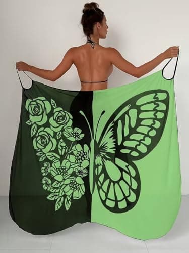 Women Butterfly Floral Beach Cover Up Dress Backless Sarong Wrap Adjustable Strap Swimsuit Coverup (Green, S) - Thumbnail 2