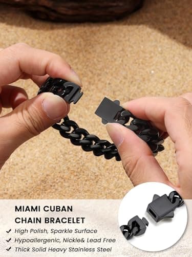 Bestyle 5mm Men's Cuban Link Chain Bracelet Gift for Men Cool Sturdy Black Mens Hand Chain Hip Hop Bracelets for Men Party Jewelry, Hypoallegenic Tranish Resistant, 5mm 21cm/8.3Inch - Thumbnail 6