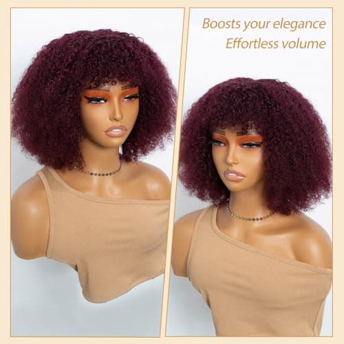 JOEDIR HAIR Human Hair Wig Afro Kinky Curly Fluffy Wig for Black Women Wear and Go Wig with Bangs Glueless Wigs 250% Density (99J, 10 inch) - Thumbnail 4