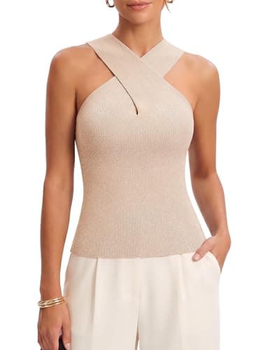 DRESSTELLS Women's Halter Neck Crossover Sleeveless Ribbed Knit Tank Vest Top Casual Summer Blouse Glitter Sweater Vest 2026 Cream S - Image 1