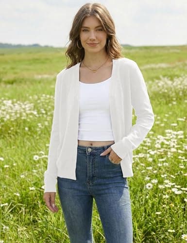 LaGracia Cardigan Sweaters for Women Long Sleeve V-Neck Wool Blend Lightweight Button Sweater Spring Tops White L - Thumbnail 5
