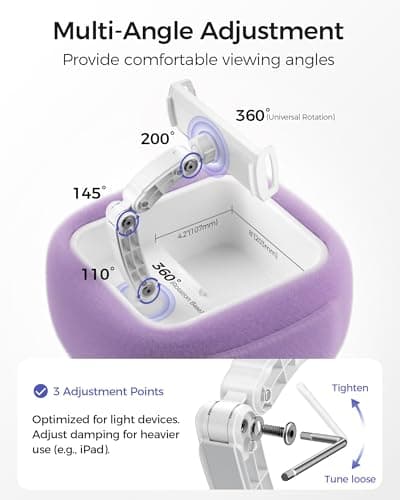 LULULOOK Tablet Pillow Stand, Compatible with iPad, iPhone and 4.7-14.6”Tablet, 360° Adjustable Kindle Pillow Stand for Bed with Ultra Fluffy Fabric & Snack Bowl (Velvety Purple​) - Thumbnail 6