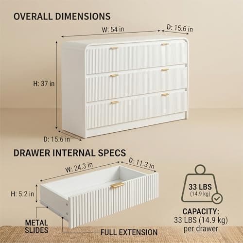 FURSUN Fluted 6 Drawers Dresser for Bedroom, 54" Wide Wooden Dresser with Metal Handle, Curved Profile Design, Modern Storage Organizer for Bedroom, Living Room, Hallway, White - Thumbnail 2