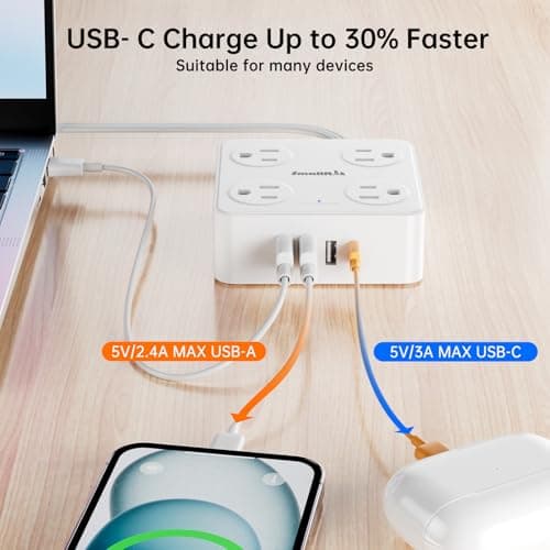 6.5Ft Power Strip with Surge Protector, 8 Outlets 4 USB Ports Extension Cord, Flat Plug Charging Station for Home Office Desk & College Dorm Essentials, White - Thumbnail 3