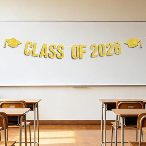 Oeyliz 2026 Graduation Banners Class of 2026 Graduation Banners Gold Glitter Class of 2026 with Graduation Cap Banner Garland for Home School Decor Congratulation Graduations Party Supplies - Image 1