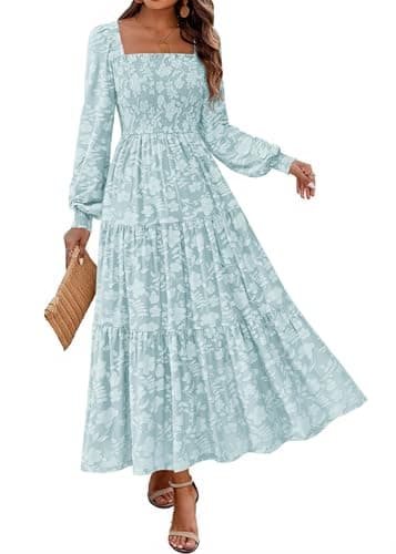 KIRUNDO Wedding Guest Dresses for Women 2026 Spring Summer Long Sleeve Smocked Floral Flowy Baby Shower Maxi Dress Pockets (Light Blue, Small) - Image 1