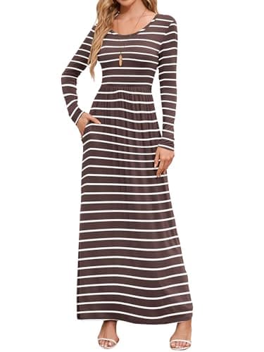 DEARCASE Maxi Dress for Women Khaki Horizontal Stripes Medium Round Neck Long Sleeves Wedding Guest A-line Casual Empire Waist Flowy Party Vintage Spring Fall Winter Dresses with Pocket - Image 1