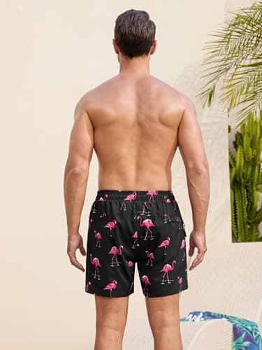 SILKWORLD Mens Swim Trunks Swim Shorts Quick Dry 5 inch Inseam Beach Shorts with Compression Liner and Zipper Pocket, Black Pink Flamingo, Medium - Thumbnail 4