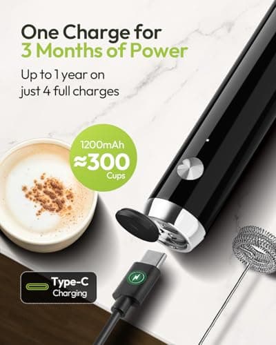 Maestri House Rechargeable Milk Frother with Stand, LunaFro Handheld Electric Foam Maker Waterproof Detachable Stainless Steel Whisk Drink Mixer Foamer for Lattes, Cappuccino - Thumbnail 3