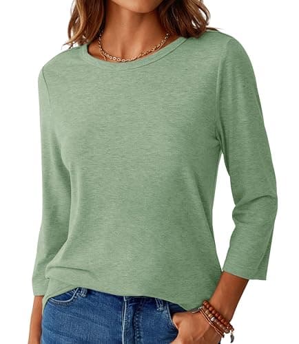 GKBK Womens Tops 3/4 Sleeve Shirts Round Neck Casual Blouses Basic Loose Fit Pullover Tshirts Light_Green L - Thumbnail 3