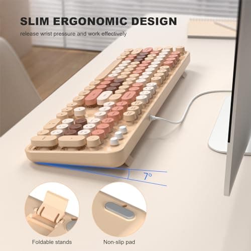 Atelus Computer Wired Keyboard, Plug Play USB Full-Size Keyboard with Large Number Pad, Caps Indicators, Foldable Stands, for Windows 7/8/10 PC Laptop (Milk Tea Colorful) - Thumbnail 4