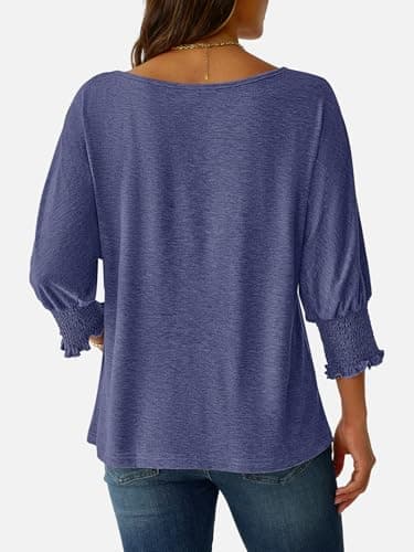 NORACORA Blouses for Women Dressy Casual 3/4 Length Sleeve Womens Tops Smocked Cuffs Trendy Summer Spring Fall Casual Shirts Navy Blue XS - Thumbnail 4