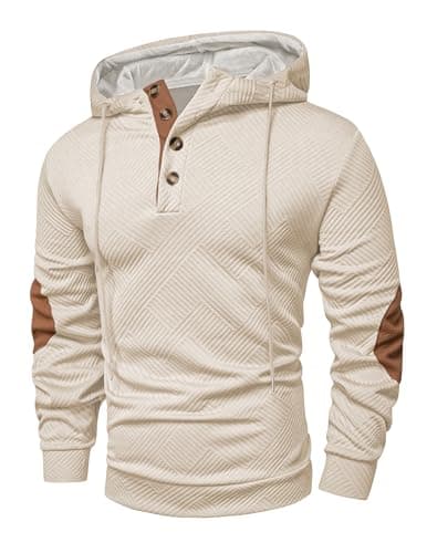 JMIERR Men's Fashion Hoodies & Sweatshirts Casual Cotton Textured Long Sleeve Half Button Pullover Hooded Shirts, L, Beige - Image 1