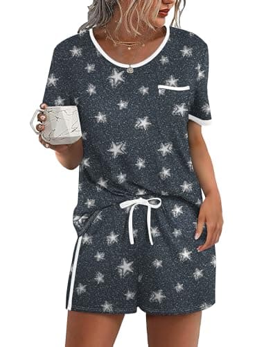 WIHOLL Pajamas for Women Set Shorts Two Piece Lounge Pjs Sets Cute 2 Piece Summer Sleepwear 2026 Trendy Nightgowns Pijamas De Mujer Grey Star L - Image 1