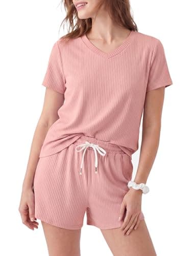PATPAT Womens 2 Piece Pajamas Sets Ribbed Knit Soft Sleepwear Short Sleeve Lounge Sets Summer Pjs Outfit with Pockets Rose Red, XXL - Image 1
