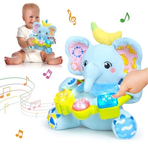 Ryotagift Baby Bilingual Musical Elephant Stuffed Animals Toys, Infant Early Learning Toy with Light-Up Music & Crinkle, Tummy Time Toys for 0 3 6 9 12+ Months for Baby Boy Girl Gift, Blue - Image 1