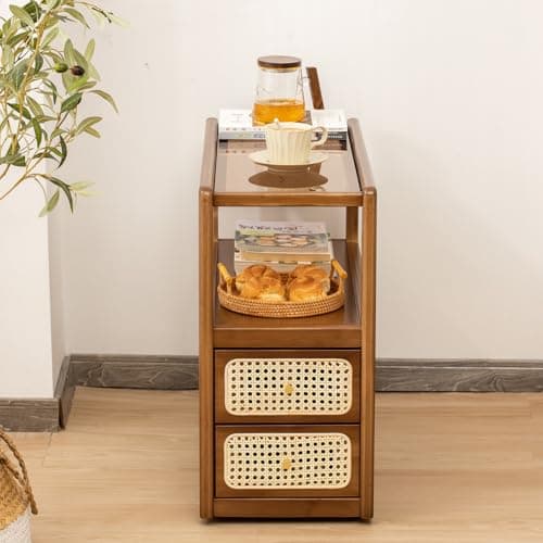 ABAMFUR Bamboo & Rattan Side Table with Glass Top – 2-in-1 End Table and Bedside Cabinet with Drawer Storage for Small Spaces, Bedroom, Living Room,Walnut - Thumbnail 2