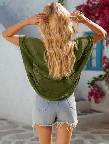 BB&KK Women's Bolero Shrug Summer Short Sleeve Crochet Lightweight Cropped Cardigans Army Green M - Thumbnail 3