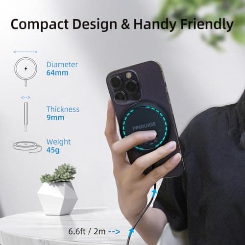 PINRUIGE Wireless Charger, 6.5ft / 2m 15W Max Fast Magnetic Wireless Charging Pad Compatible with iPhone 16/15/14/13/12 with USB-A Converter Black - Thumbnail 4