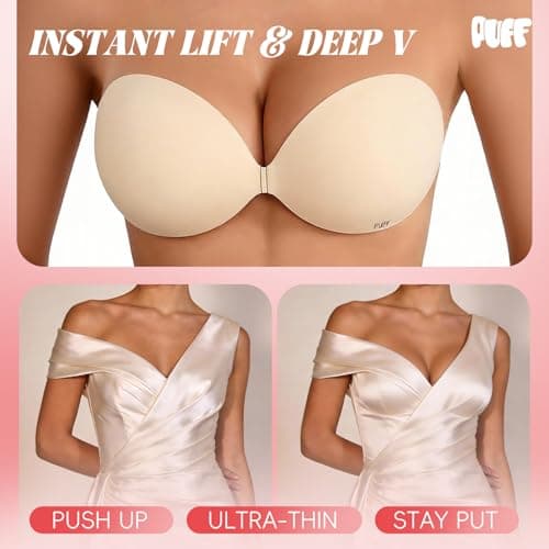 Sticky Bra Push Up - Strapless Backless Adhesive Invisible Bra for Women with Silicone Lift Tape Effect(Beige Set D) - Thumbnail 3