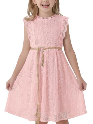 ALLOVIN Toddler and Girls Vintage Boho A-Line Lace Dress with Belt Pom Pom Trim Birthday Party Dress | Pink | 6-7Y - Image 1