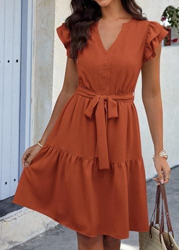 KIRUNDO Summer Dresses for Women 2026 Spring Flutter Sleeve V Neck Ruffle Flowy Tiered Knee Length Beach Vacation Sundress(Brick Red, X-Large) - Thumbnail 4