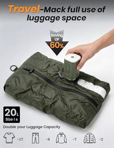 12 Pack Travel Vacuum Bags with Rechargeable Pump, 10 Clear PA and PE Compression Bags and 2 Green 18L TPU Pouches, Space Saver Vacuum Storage Bags for Camping, Beach, Travel and Home - Thumbnail 4