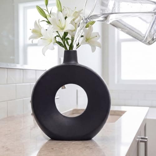 DSYSMIN Modern Black Ceramic Donut Vase - 10.24" Matte Circular Hollow Vase, Minimalist Nordic Style Home Decor for Living Room, Mantel, Entryway (Watertight & Handmade) - Thumbnail 5