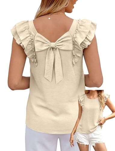 Okiwam Womens Ruffle Short Sleeve Summer Tops Bow Tie Back Blouse Round Neck Cute Babydoll Shirts Spring Summer 2026 Fashion Clothes-L Beige - Image 1