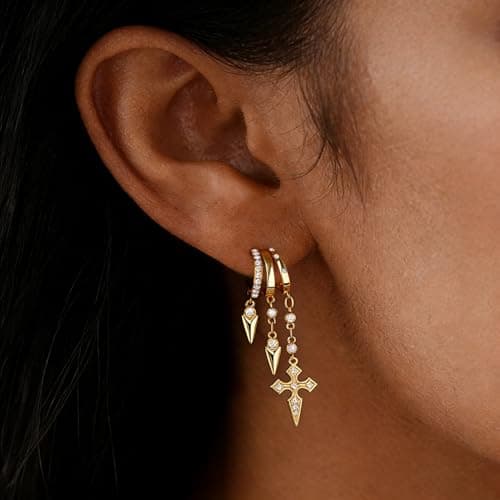 Gold Dangle Earrings for Women, 14k Gold Plated Statement Triple Hoop Illusion Gold Cross Earrings Cubic Zirconia Huggie Earrings for Women Trendy - Thumbnail 3