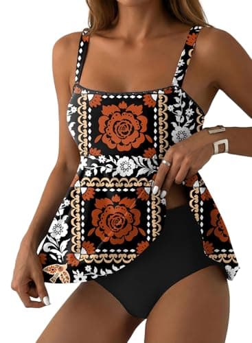 Aleumdr Tankini Swimsuits for Women Modest Two Piece Bathing Suit Square Neck Swim Top with High Waisted Bottom Black Floral Small - Image 1