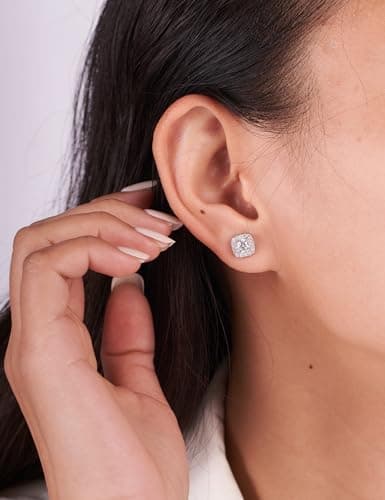 IMOLOVE Moissanite Stud Earrings Lab Created Moissanite Earrings in Sterling Silver Trendy Square Halo Earrings for Women Men D Color Round Cut - Thumbnail 5