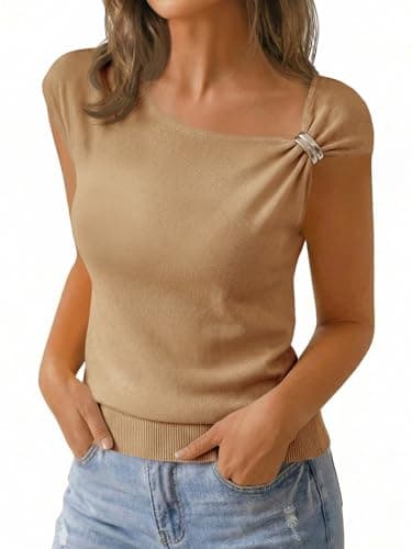 Saodimallsu Womens Sleeveless Sweater Tops Summer Casual Boat Neck Lightweight Knit Loose Trendy Sweater Vest Khaki - Image 1