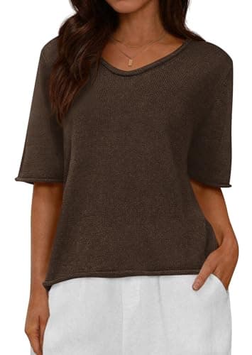BTFBM Summer Sweaters for Women Lightweight 2026 Summer Oversized Short Sleeve Knitted Pullover Casual Loose Spring Tops(Brown, X-Large) - Image 1
